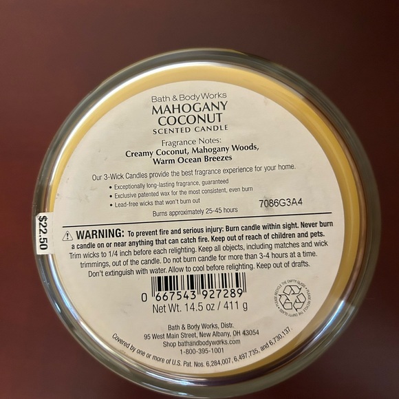 New Bath & Body Works Mahogany Coconut 3 Wick Candle with Gold Lid - Picture 3 of 3